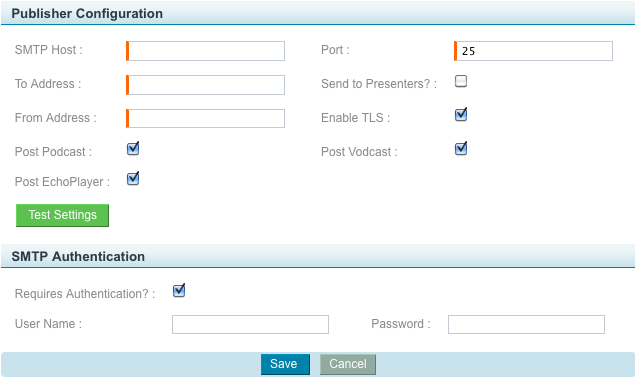 screenshot of Email Publisher Configuration section for steps as described.