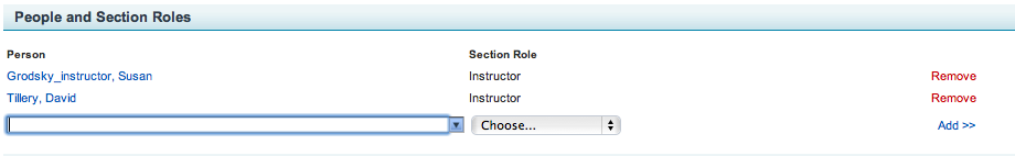 Screenshot of People and Section roles portion of Edit Section page as described.