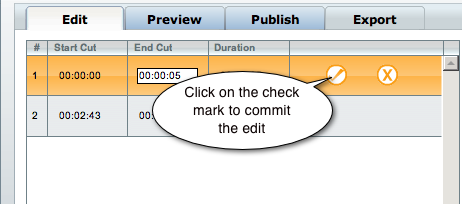 screenshot of Cuts Pane with changes to an edit and the commit button labeled.