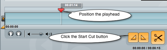 screenshot of positioned playhead and start cut button labeled.