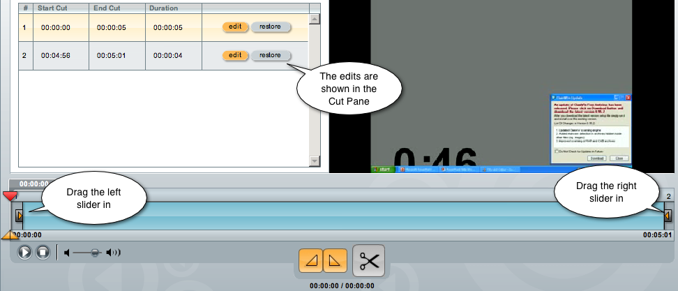screenshot of positioned sliders and edits in cut pane labeled.