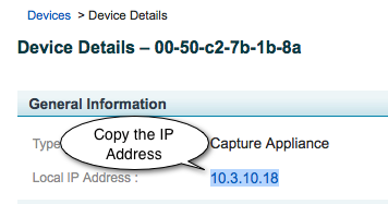 Screenshot of Device Details screen with IP address labeled.