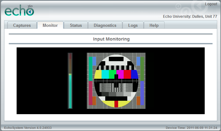 Screenshot of Monitor tab showing test pattern with curtained display.