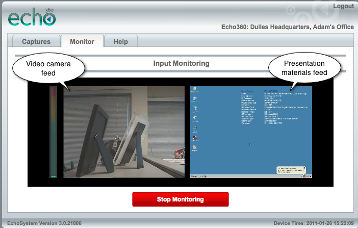 Screenshot of Monitoring screen showing video and presentation feeds.