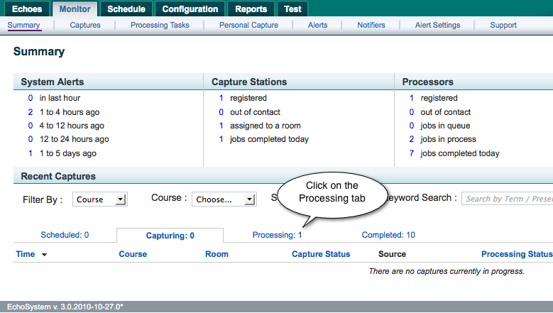 screenshot of monitor summary page with Processing tab labeled.