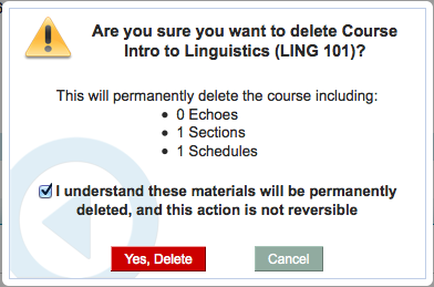 Screenshot of delete course confirmation dialog box as described.