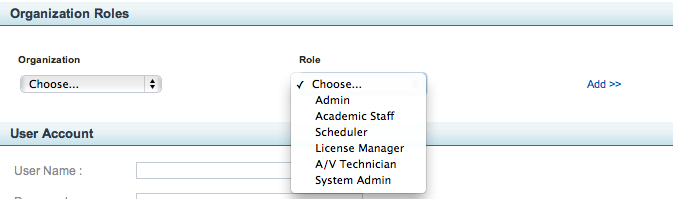 screenshot of Organization Role section of user form as described
