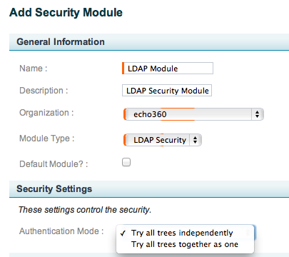 screenshot of top section of add LDAP security module page as described