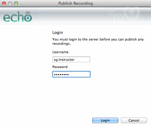 Screenshot of publish recording login screen.
