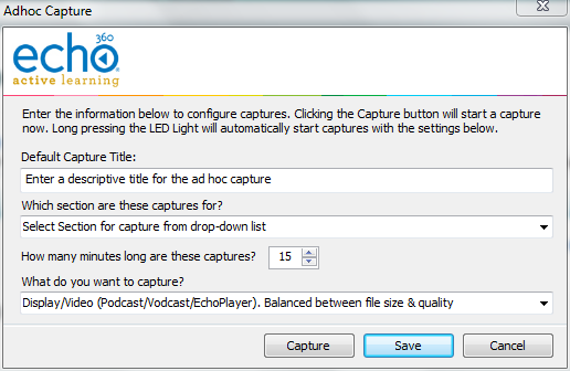 AdHoc capture settings dialog box for instructor with section as described
