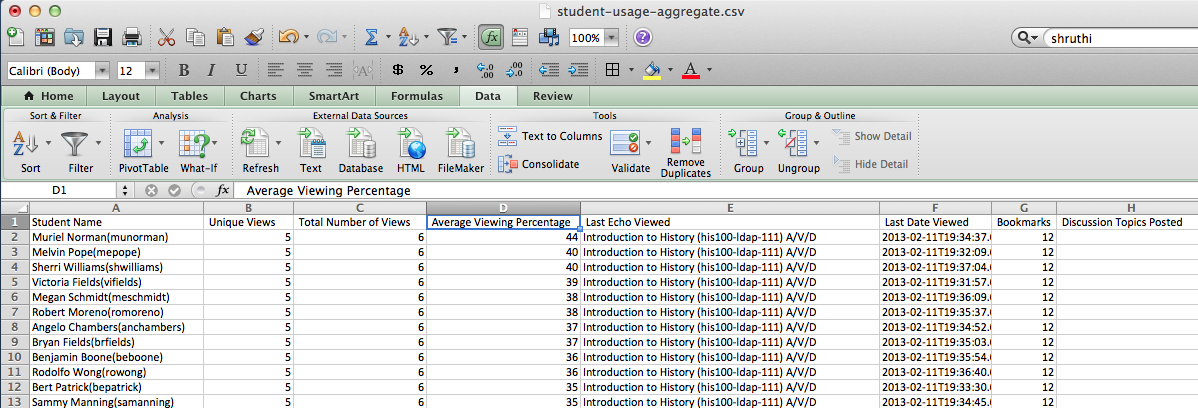 Student aggregate in Excel as described