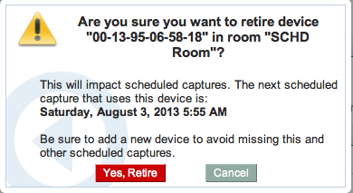 warning message for retiring a device with future captures as described